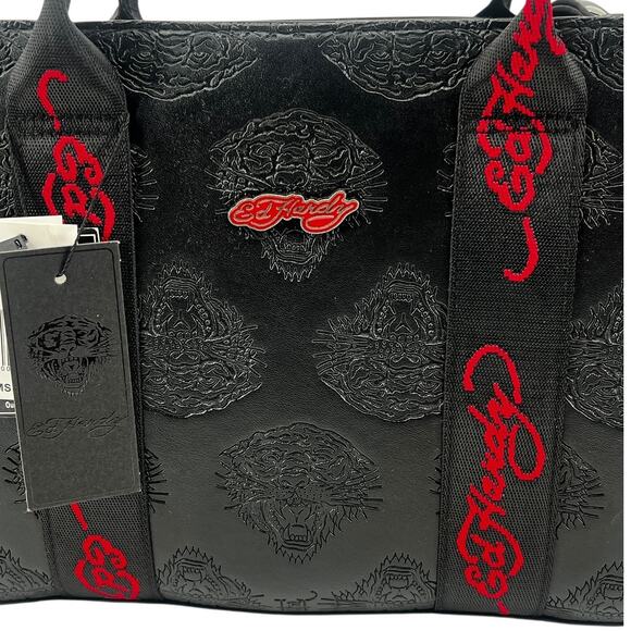 Ed Hardy Embossed Tiger Logo Black Tote Bag with Red Script Strap – NWT - Picture 6 of 7